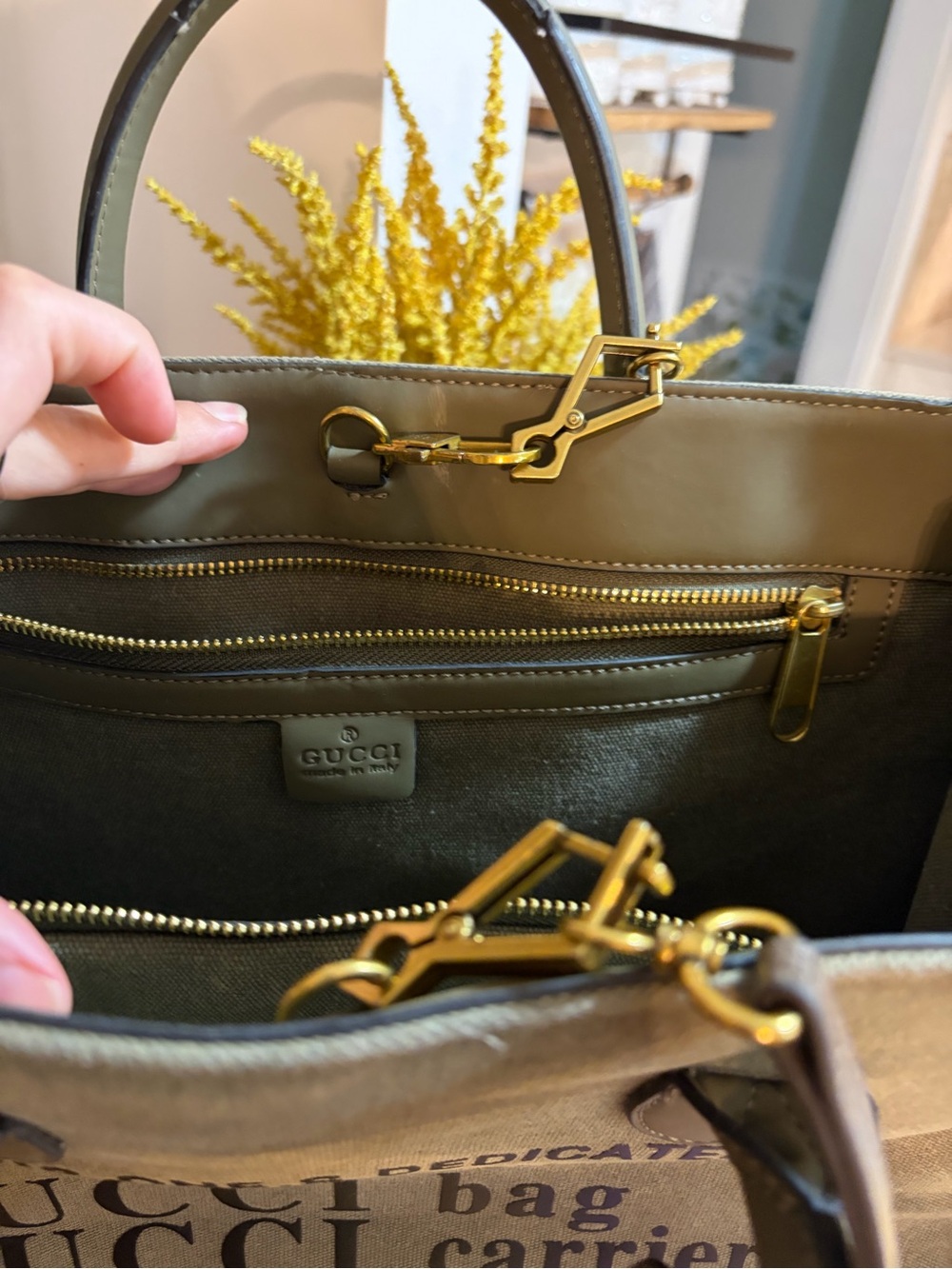 Gucci Olive Green Canvas Logo Tote with Brown Strap - Picture 2 of 5